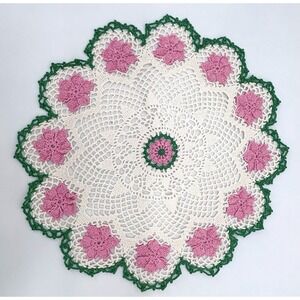 Vintage Handmade Crochet Doily 14" Pink Floral Scalloped Green Edge